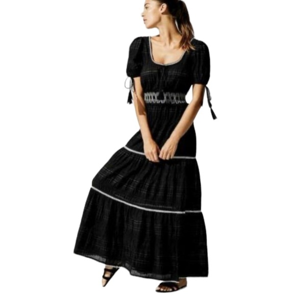 Jonathan Simkhai Black Smocked Tiered Silk Cotton Bohemian Maxi Dress NWT - Picture 4 of 16
